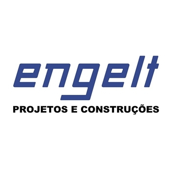 Logo da empresa Engelt Projetos e Construções. Ela tem fundo branco e letras azuis e pretas